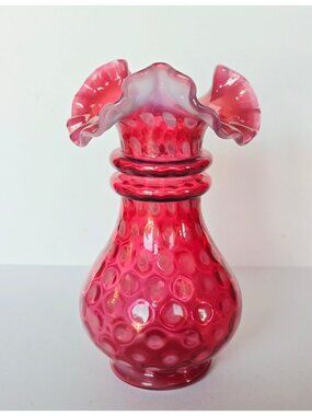Vintage Fenton Cranberry Opalescent Glass Vase With Ruffled Rim & Coin Dot 6.5 I